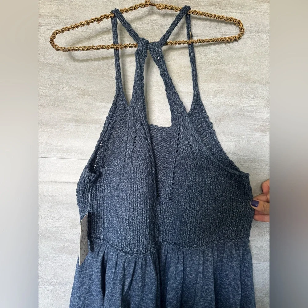 Free‎ People Mountain View Sweater Crochet Knit Tunic Top Blue S over sized NWT - Picture 11 of 11